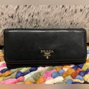 Prada Black Pebbled Leather Continental Wallet